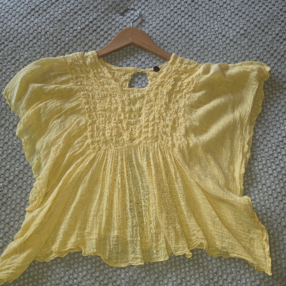 Free People XS Gauzy Yellow Smocked Boho Flutter Top - Picture 4 of 9